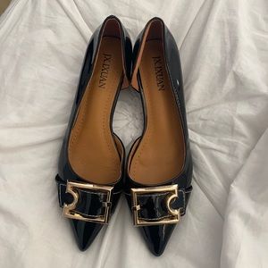 Black patent leather flat with gold hardware 8.5